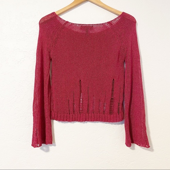 Jessica Simpson Sweater Top Bell Sleeve Crop Size Small Maroon crochet boho chic - Picture 2 of 8